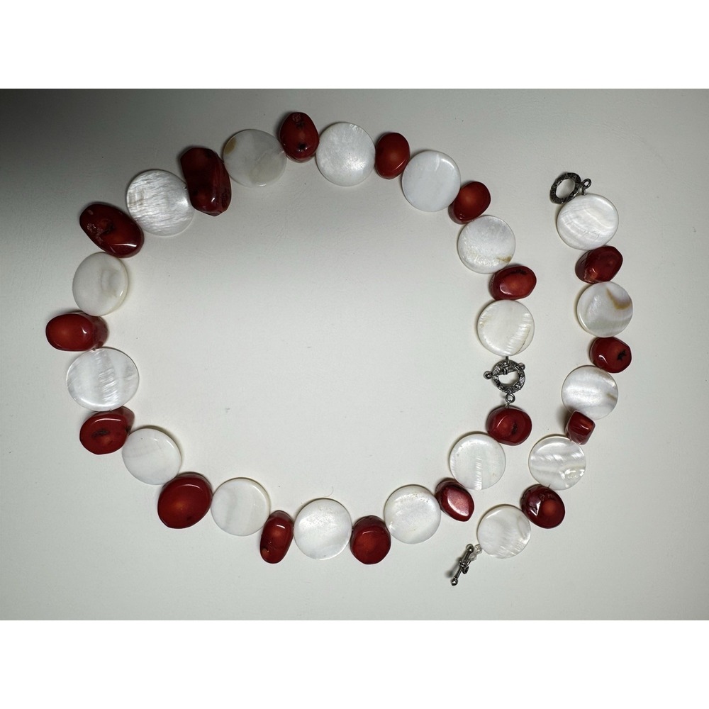 VTG Natural Red Coral Chunky Necklace 22"White MOP Disc Beads & Bracelet Set - Picture 14 of 16
